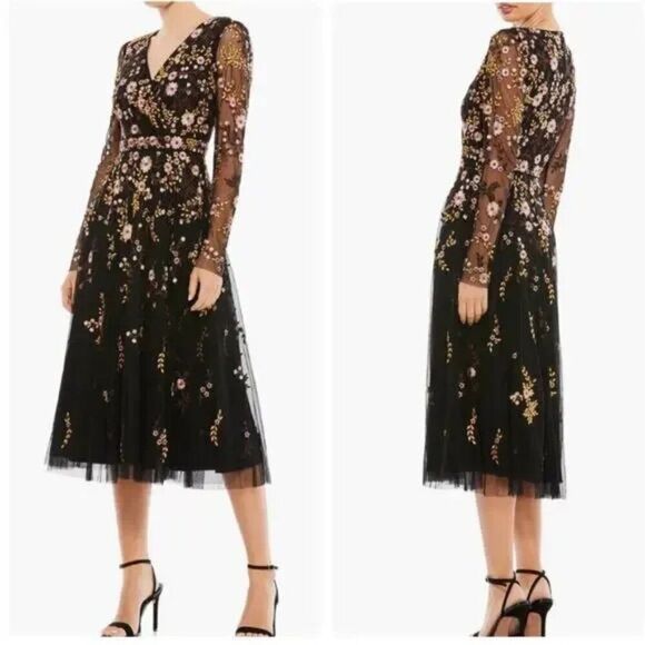 Mac Duggal 35103 Size 12 Black Floral Embroidery Long Sleeve Cocktail Midi Dress - Picture 2 of 5